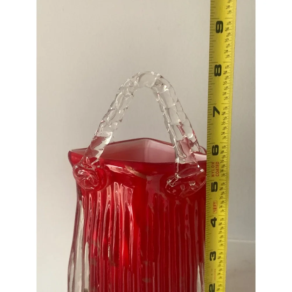 Hand Blown Red Glass Purse Vase Gold‎ Aventurine Flecks Ribbed Art Glass Handbag